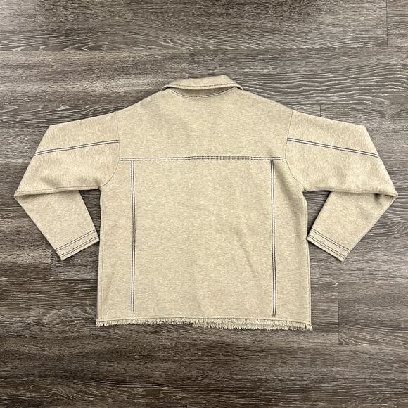EUC Elliott Lauren Beige Top Stitch Button Front Sweater Jacket Sz M Fringe Hem - Picture 8 of 16